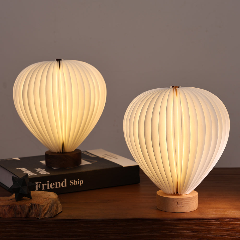 Two lampshades on books with a warm glow against a dark background