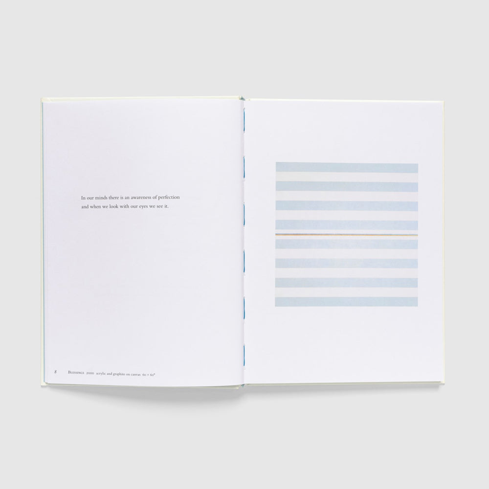 Open book with text and striped design on a white background