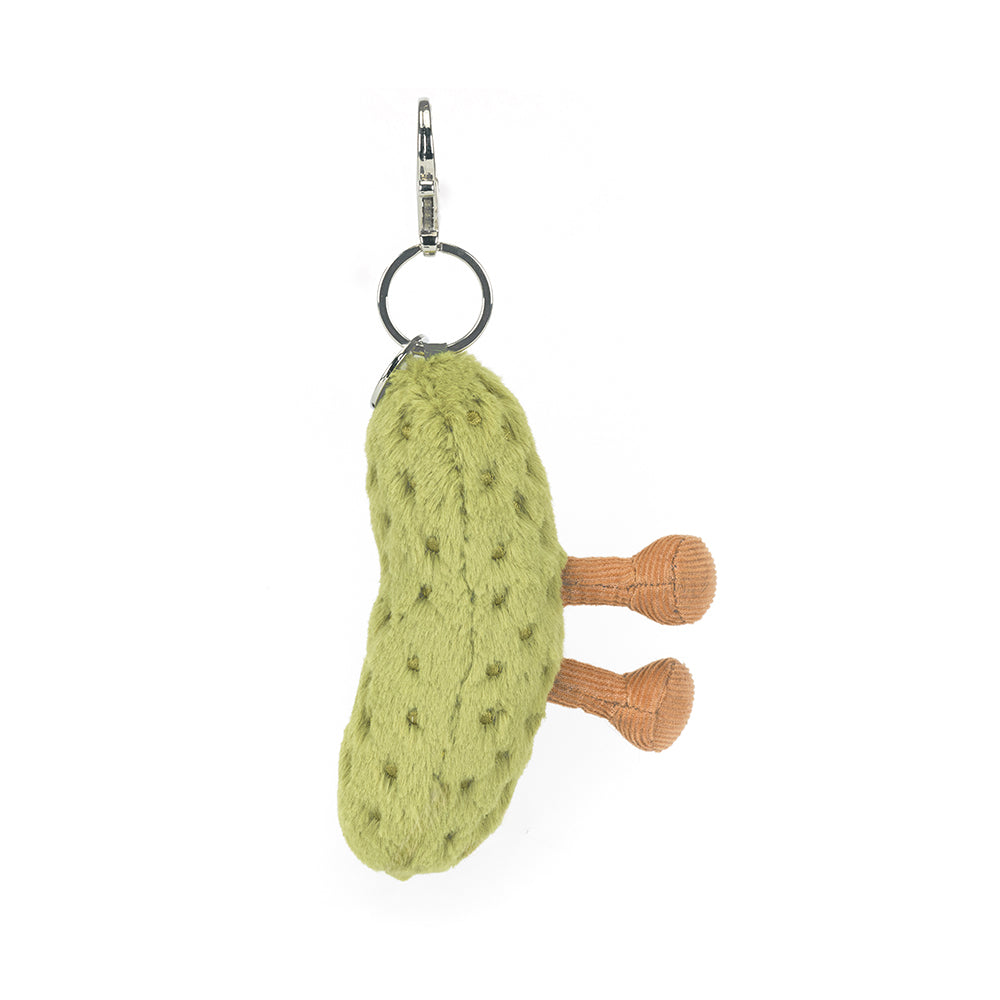 Green pickle plush keychain with a small brown legs on a white background; back view.