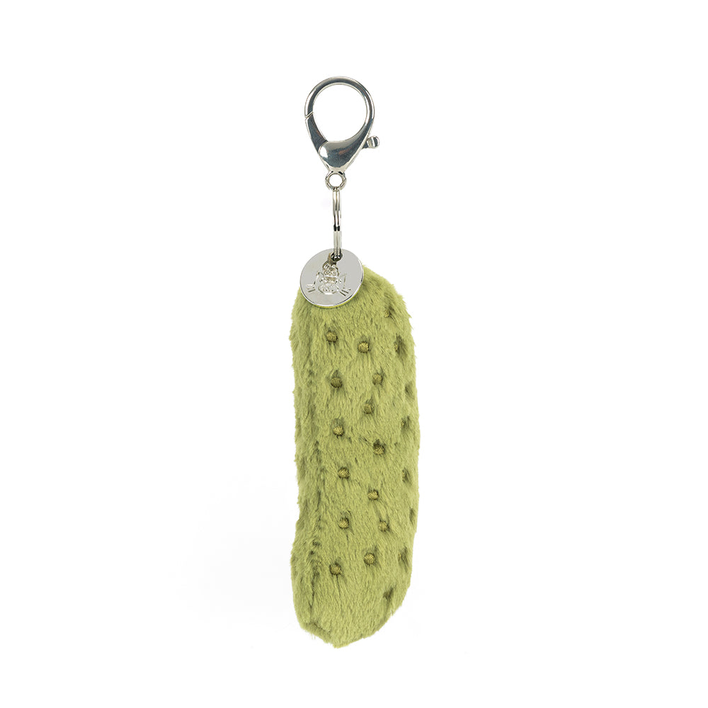 Green pickle plush keychain with a small brown legs on a white background; side view.