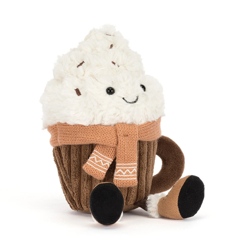 A plush Hot Chocolate toy with fluffy white whipped cream, a brown mug base, and a tan knit scarf, photographed on a clean white background.