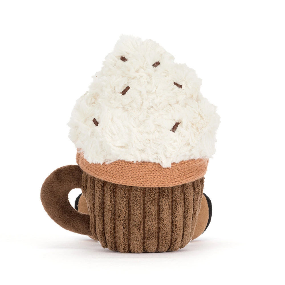 Back view; 1 plush Hot Chocolate toy with fluffy white whipped cream, a brown mug base, and a tan knit scarf, photographed on a clean white background.