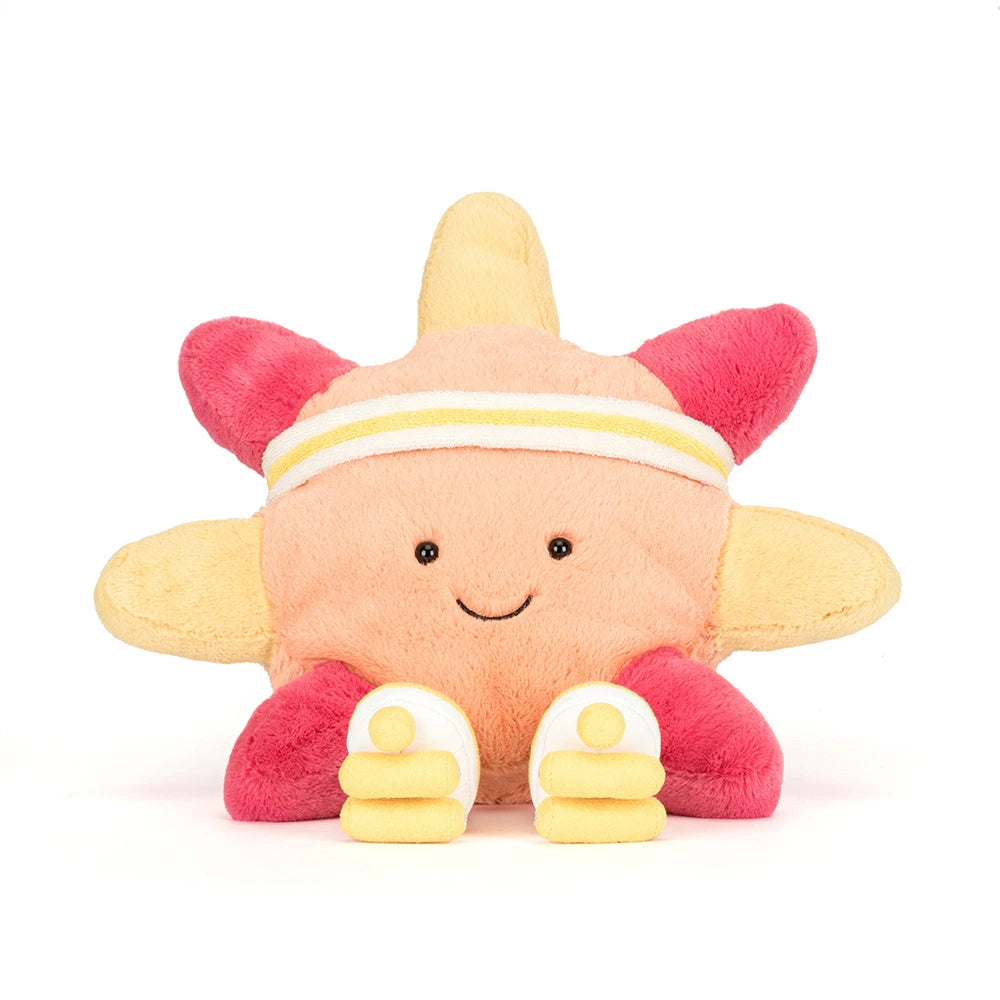 Sun plush toy with a yellow and pink on a white background