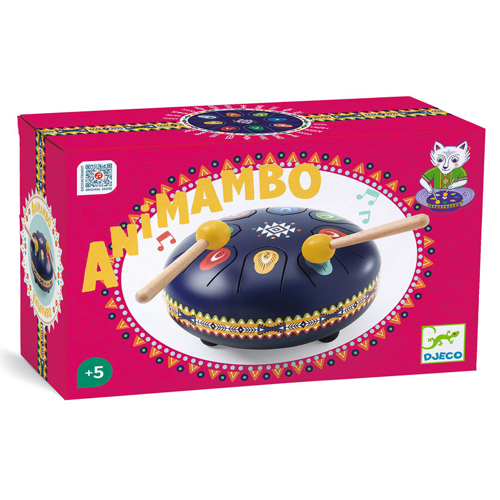 Toy drum set with two mallets on a pink box featuring 'Antimambo' and Djeco branding.