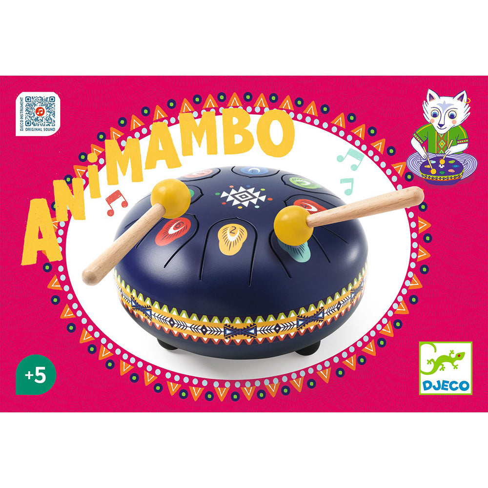 Toy drum set with two mallets on a pink background, featuring the brand 'Djeco'.