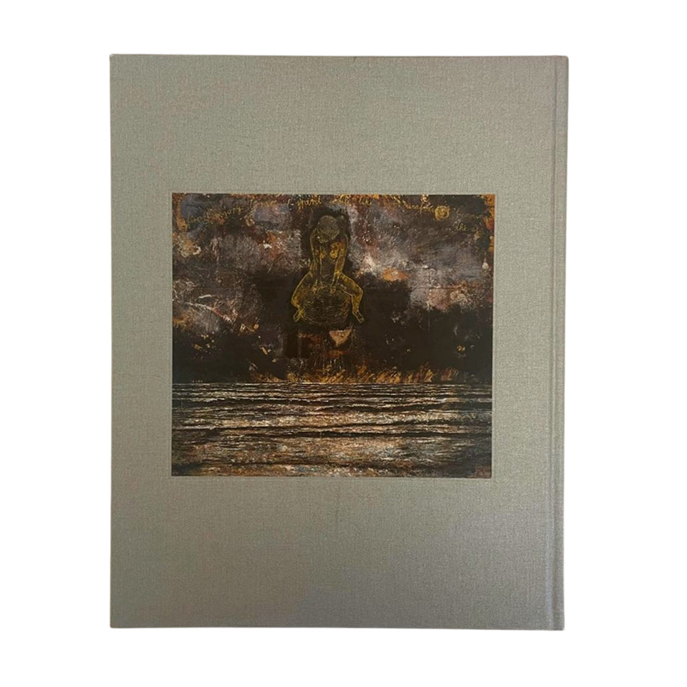 Back cover with a textured design and a central illustration of a person in a dark setting.