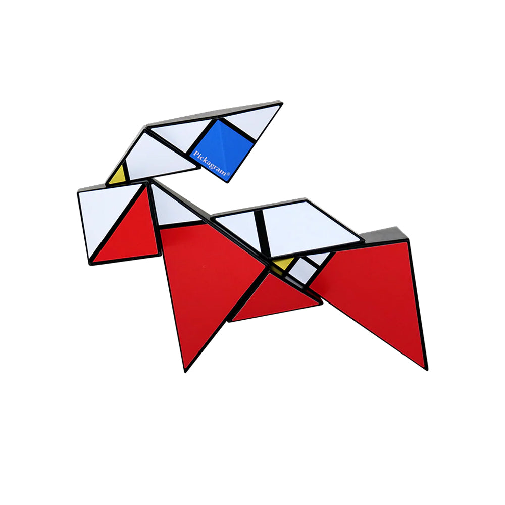 Geometric abstract art puzzle with triangles in red, white, blue, and yellow on a white background.