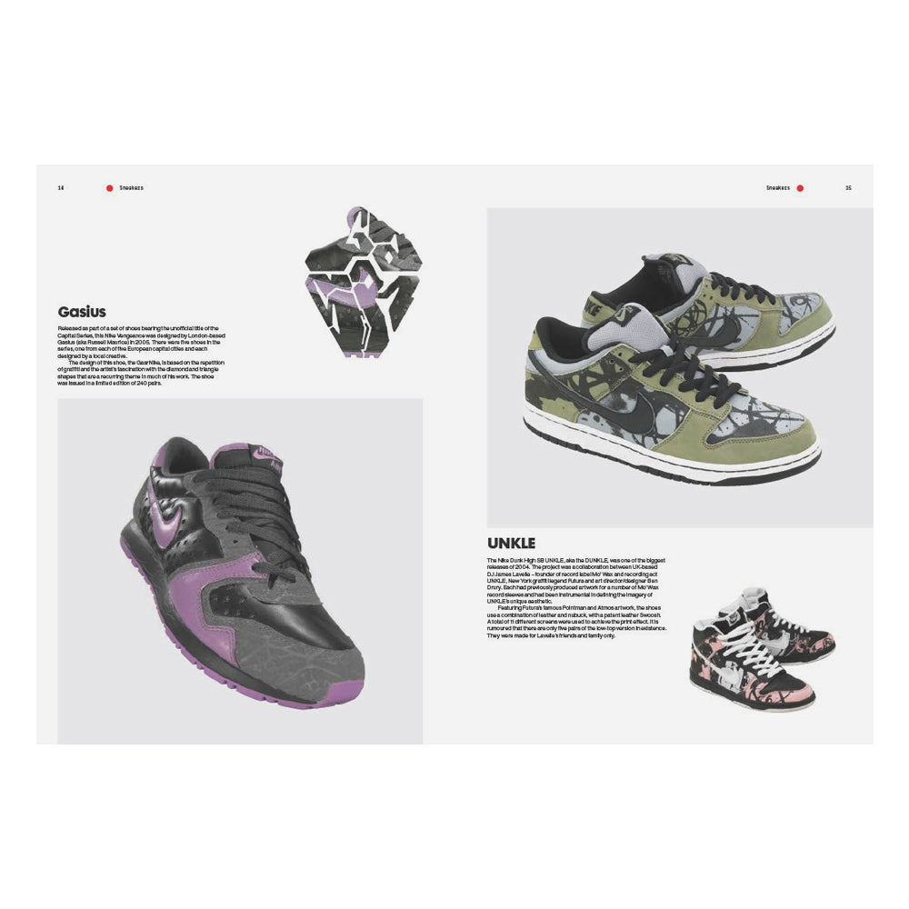 Product display of various sneakers with brand names on a white background