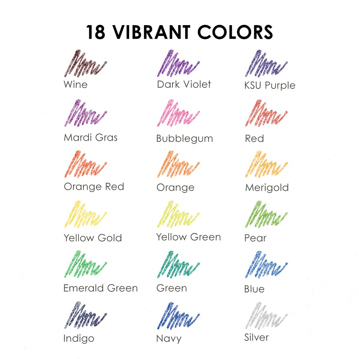 List of 18 vibrant colors with corresponding names on a white background