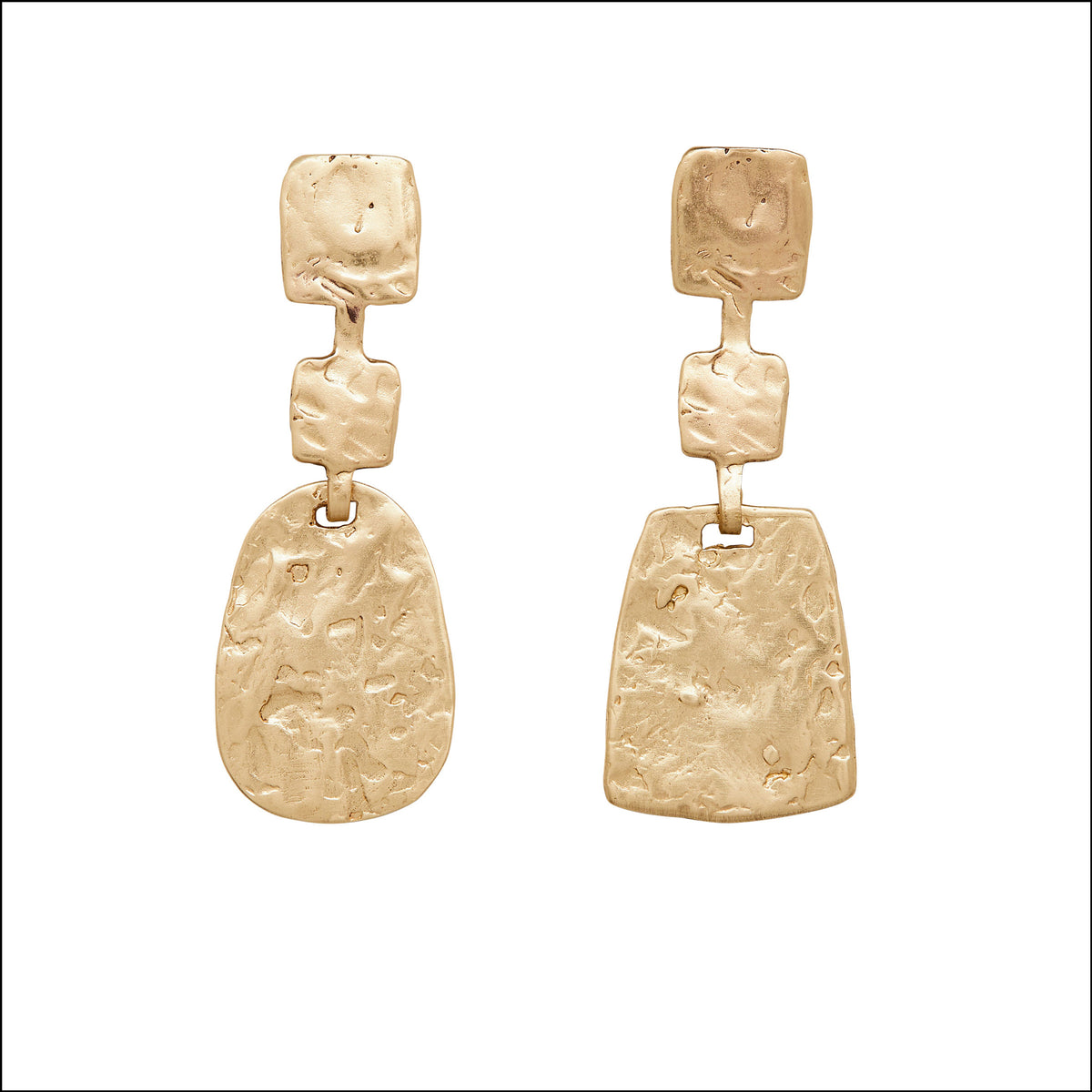 A pair of gold-toned textured drop earrings with rectangular and teardrop-shaped links, shown against a plain white background.