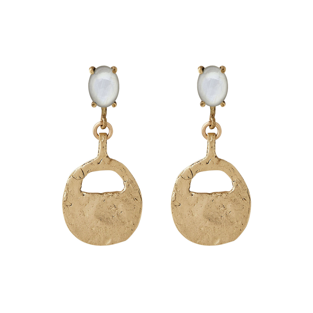 A pair of gold dangle earrings with oval moonstone at the top and textured, hammered oval drop charms below, shown on a plain white background.