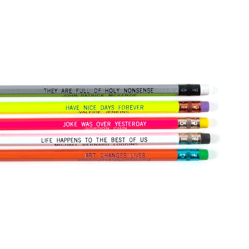 Close-up view of quotes on pencils.