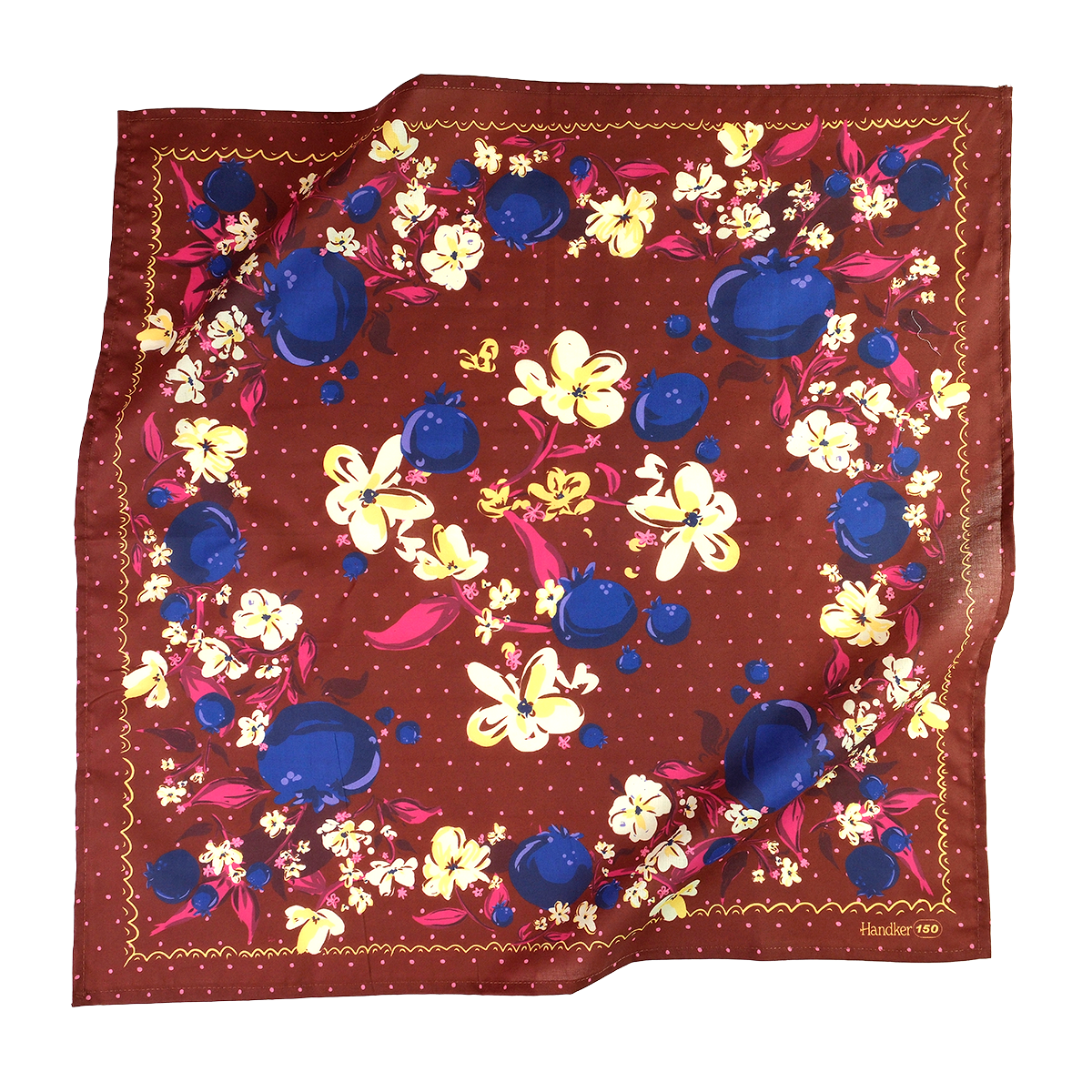 Floral patterned fabric with blue, yellow, and pink flowers on a brown background