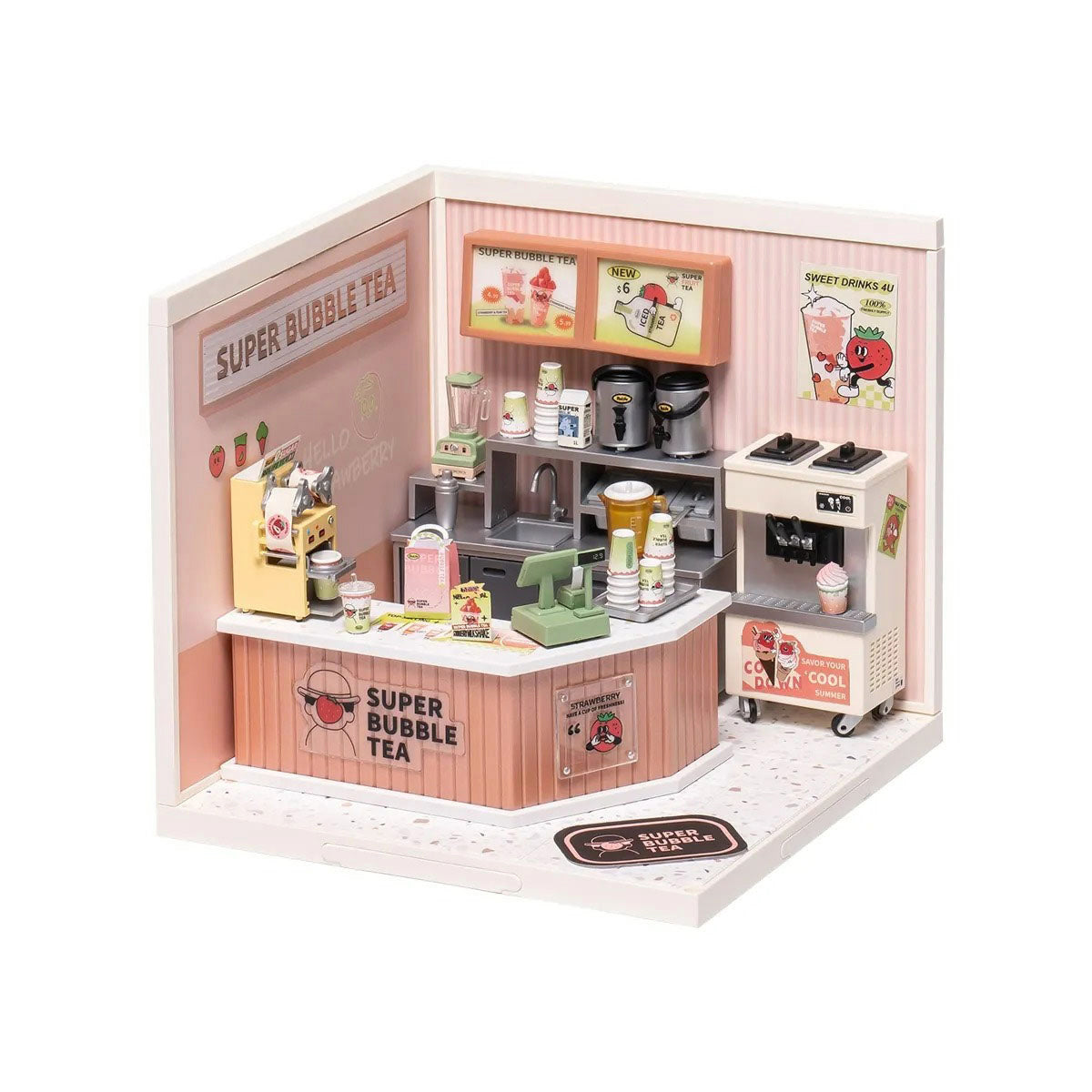 Display of the Double Joy  Bubble Tea plastic DIY miniature house kit assembled.