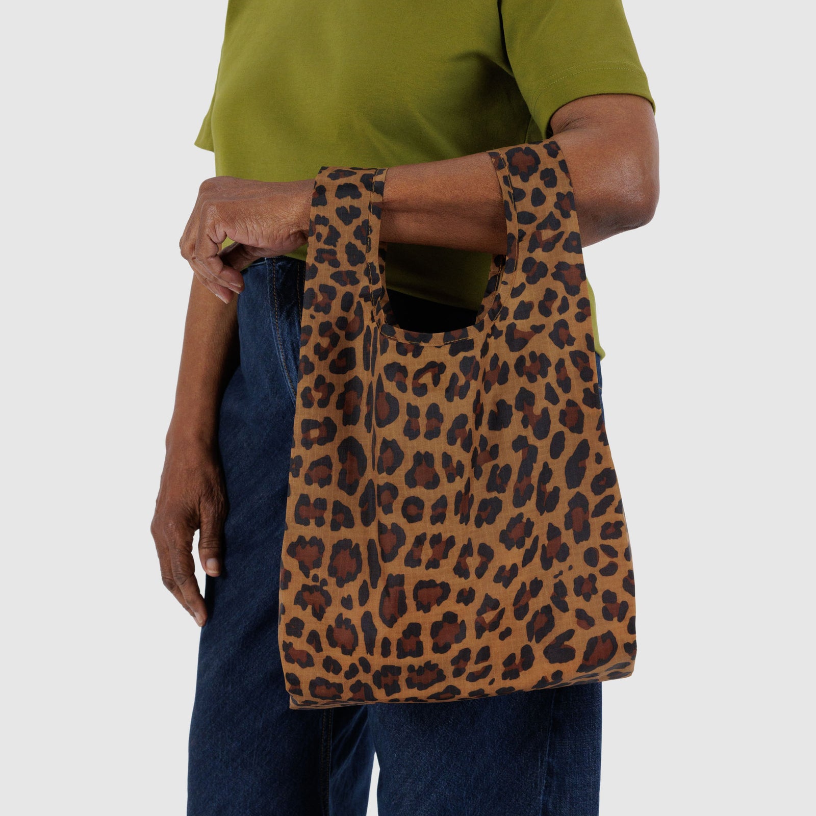 Leopard print reusable bag on a white background