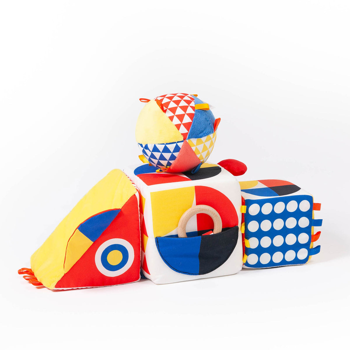 Colorful geometric soft blocks on a white background