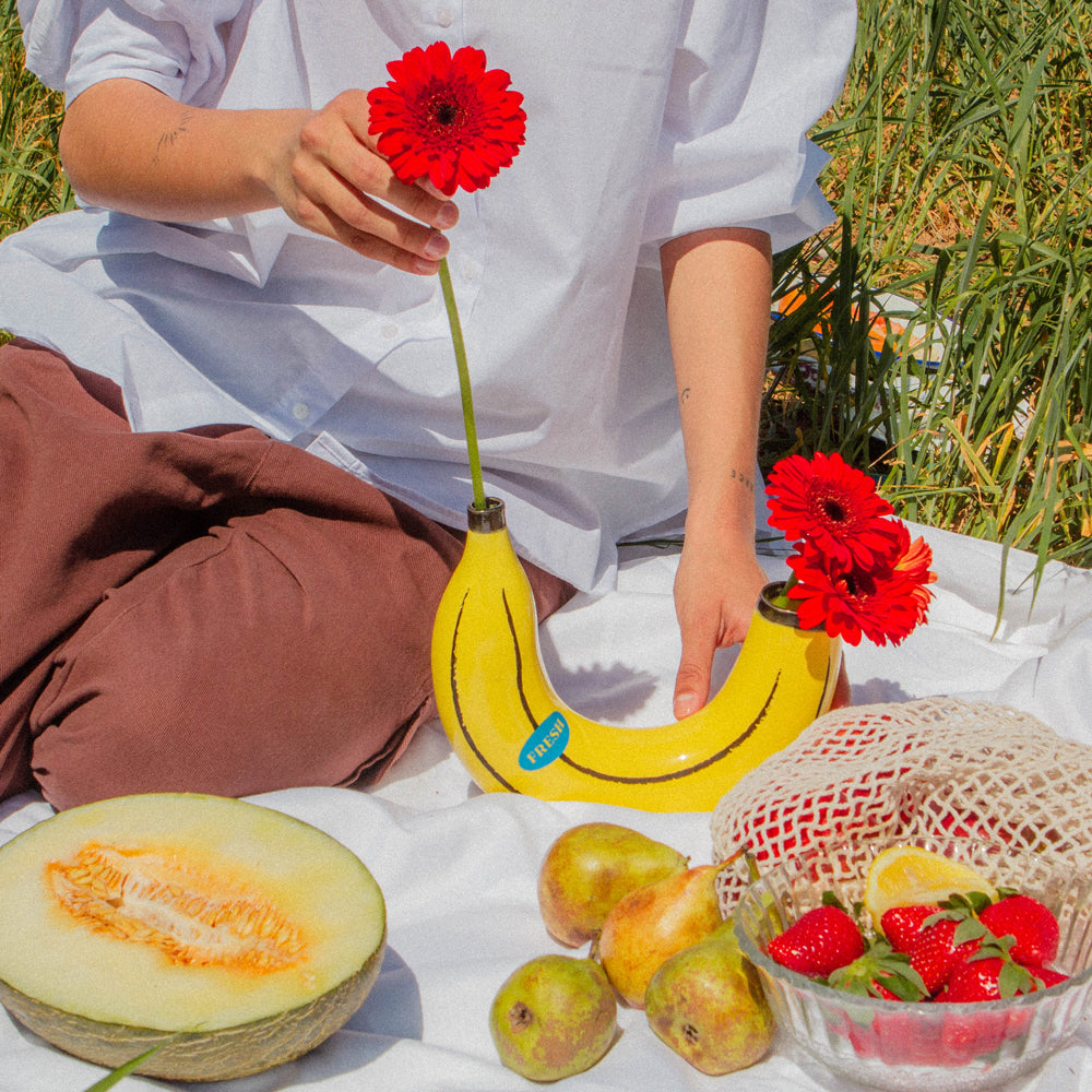 Vase in picnic setting.