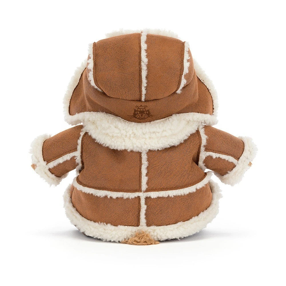 A brown faux-suede hooded jacket with white sherpa lining, shown from the back on a white background.