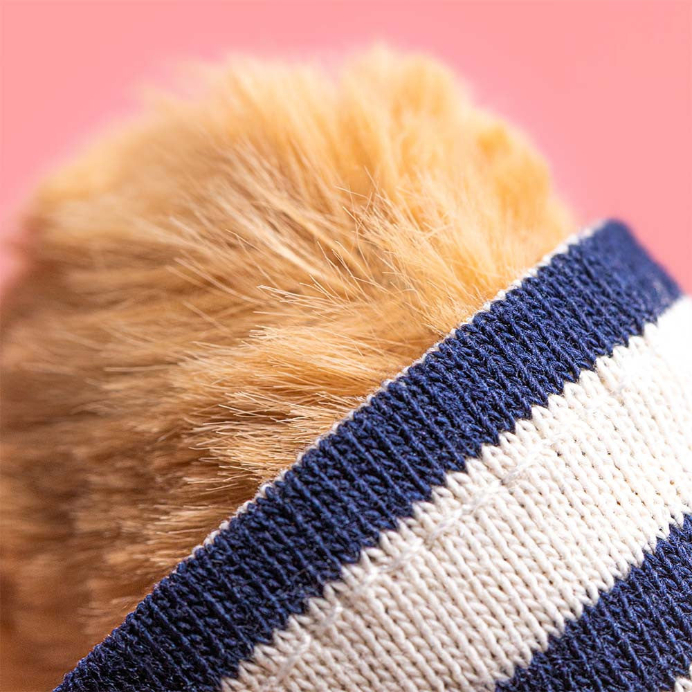 Close-up of a teddy bear wearing a blue and white striped sweater against a pink background