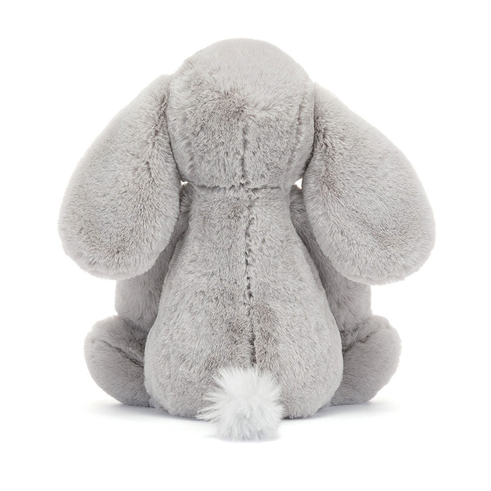 Back view of Gray stuffed elephant.
