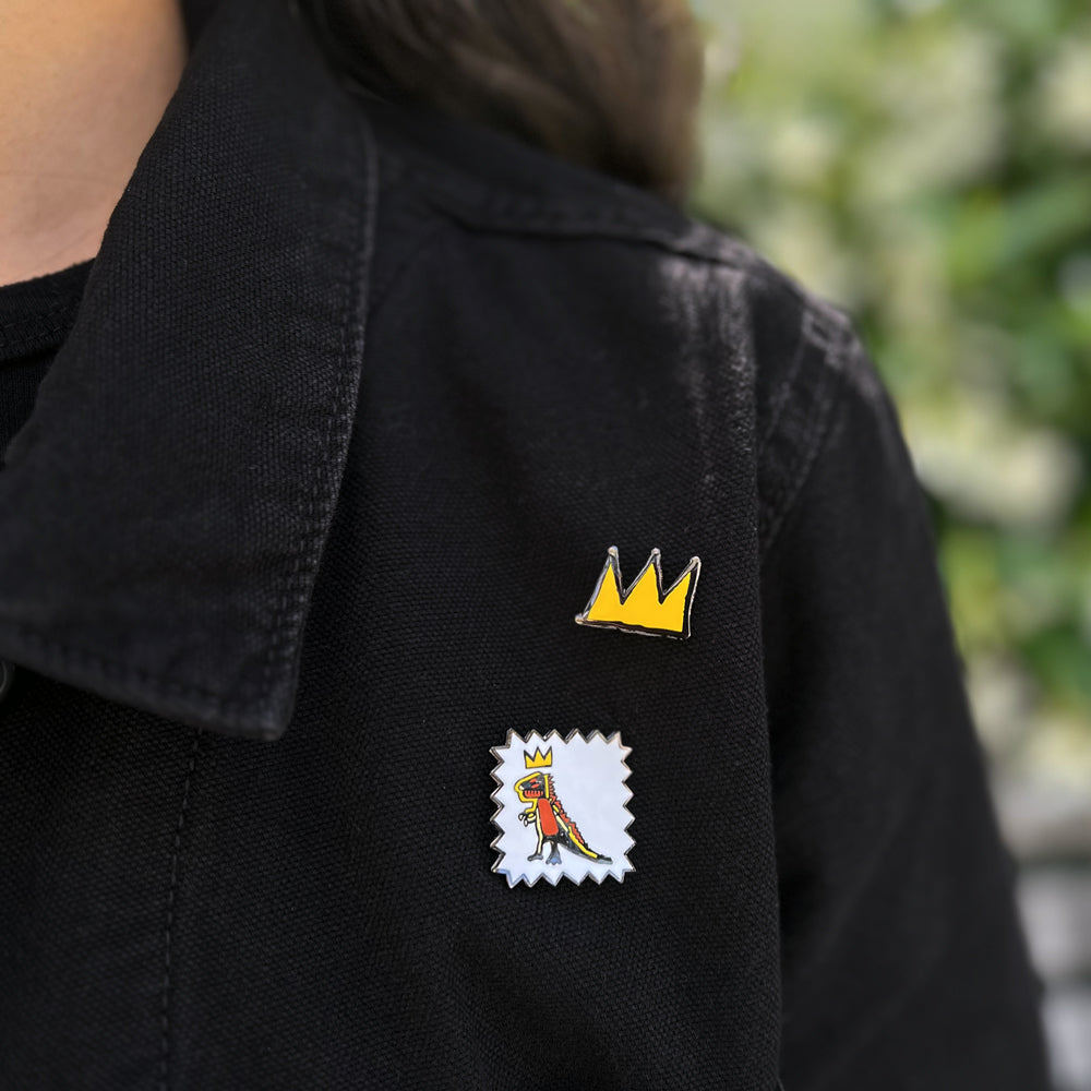 Model wearing Basquiat pins.