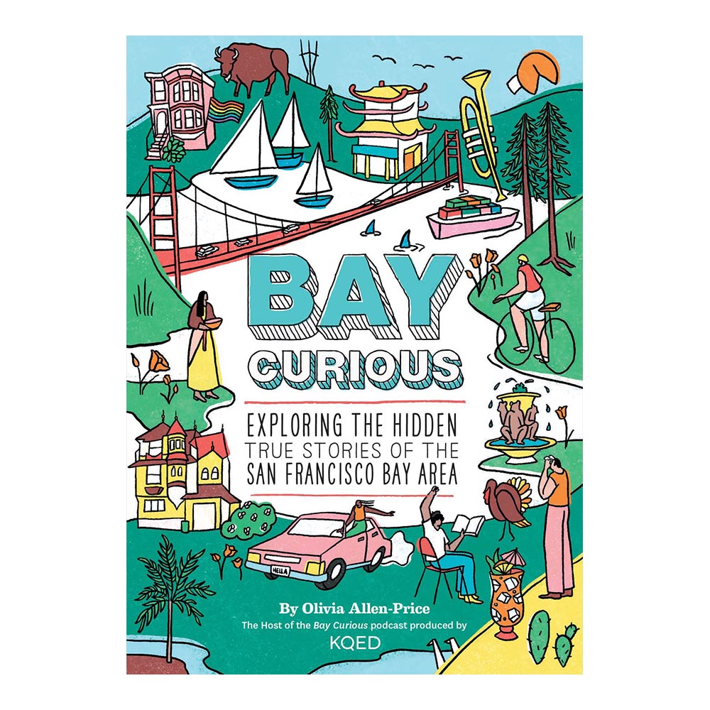Cover of 'Bay Curious' with illustrations of local landmarks, including a Painted Lady and the Golden Gate. 