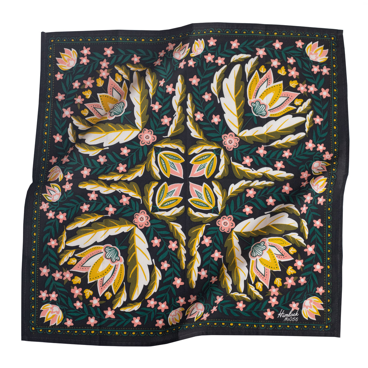 Floral patterned bandana with pink flowers and green leaves on a black background
