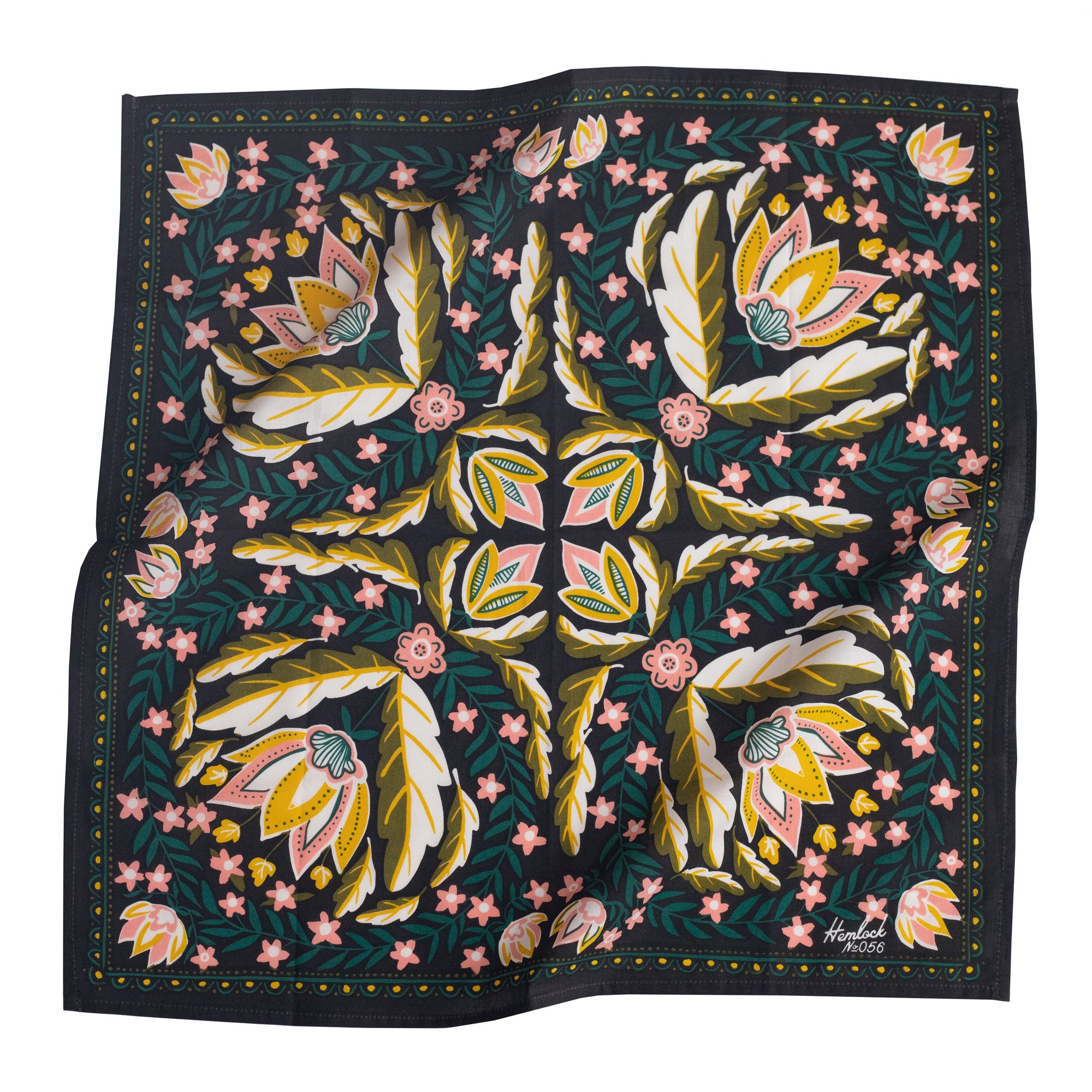 Floral patterned bandana with pink flowers and green leaves on a black background