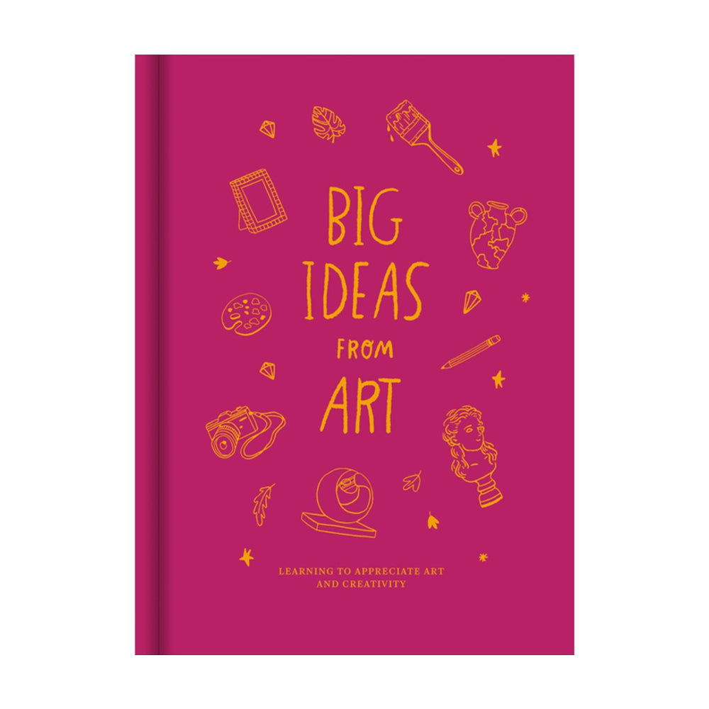 A magenta hardcover notebook or journal with yellow line-art illustrations and the title 'BIG IDEAS FROM ART' on the front, shown against a plain white background.
