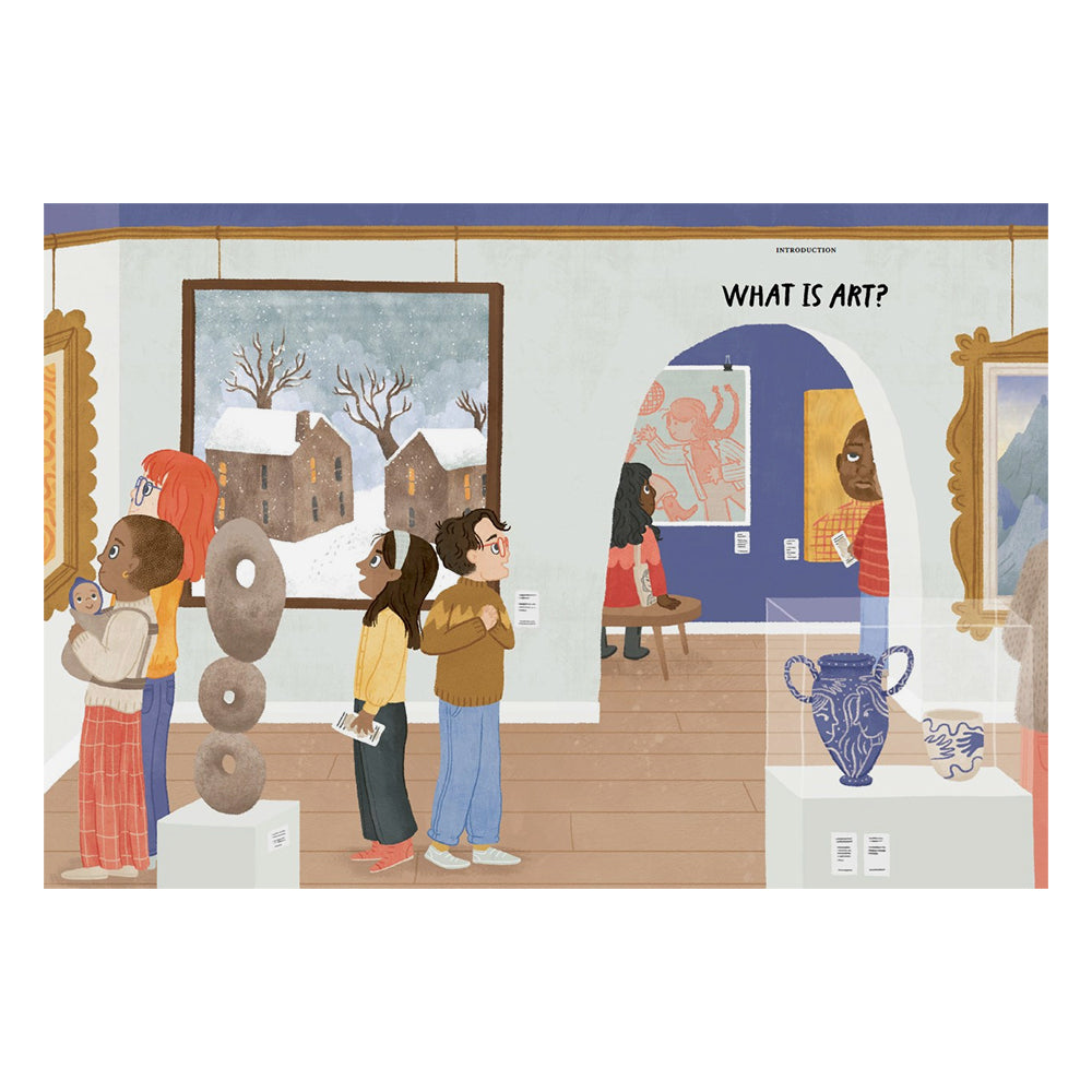 A stylized illustrated scene inside a museum gallery with several people viewing framed art and objects on display. The scene includes the text 'WHAT IS ART?' and shows people, artwork, and gallery fixtures in a clean, graphic illustration style.