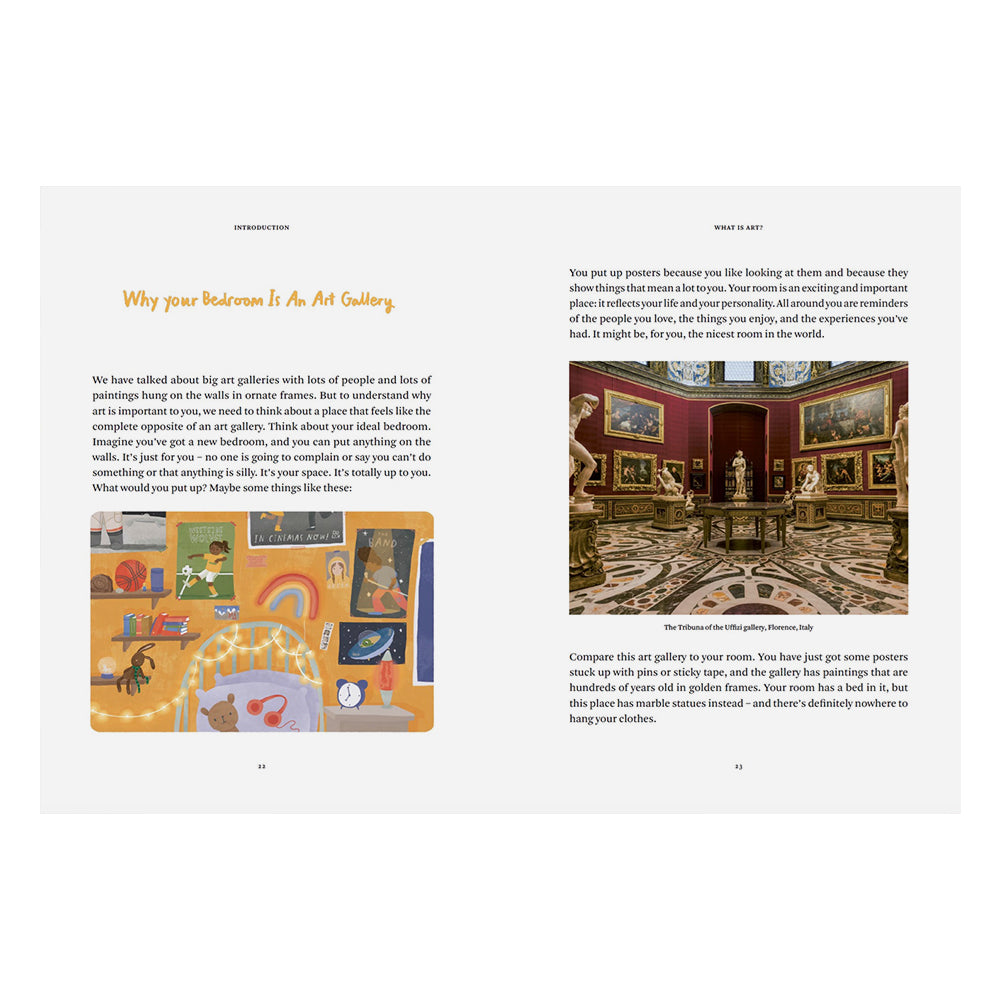 A two-page spread from a book or magazine featuring an article titled 'Why Your Bedroom Is An Art Gallery' with text, a small color chart, and a color photograph of an ornate bedroom interior with a patterned carpet and red walls.