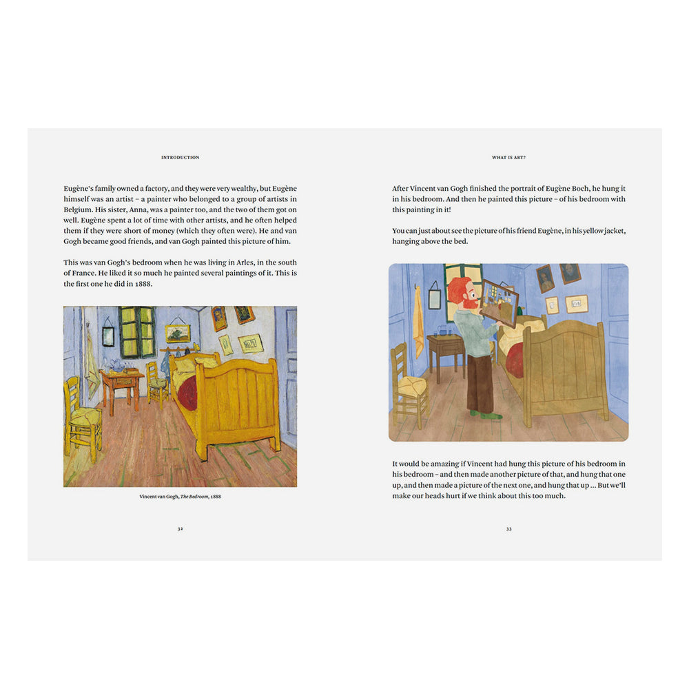 A two-page spread from a book featuring an illustrated painting of a cozy room with a bed, table, and chair, accompanied by explanatory text.