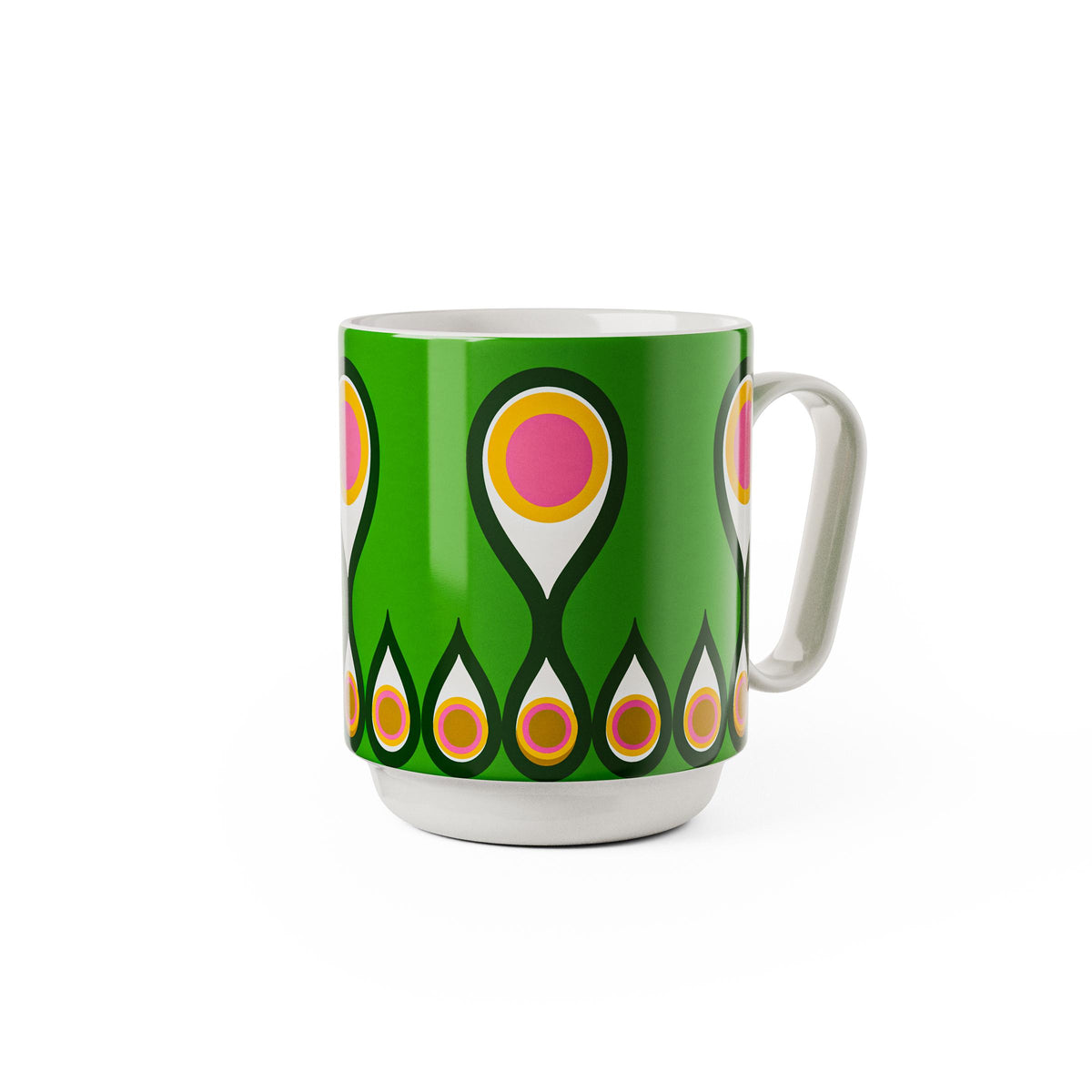 Green mug with colorful abstract pattern on a white background