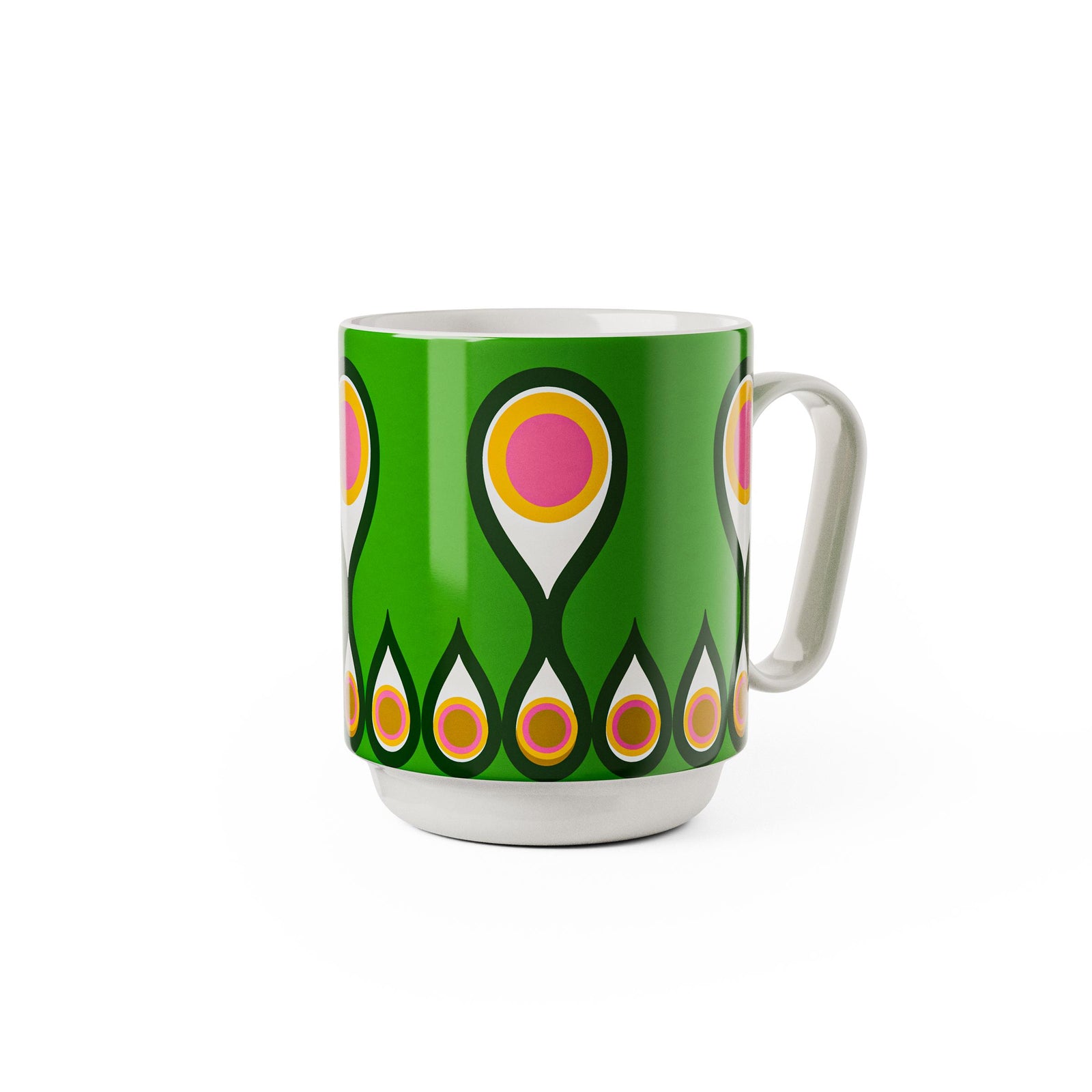 Green mug with colorful abstract pattern on a white background