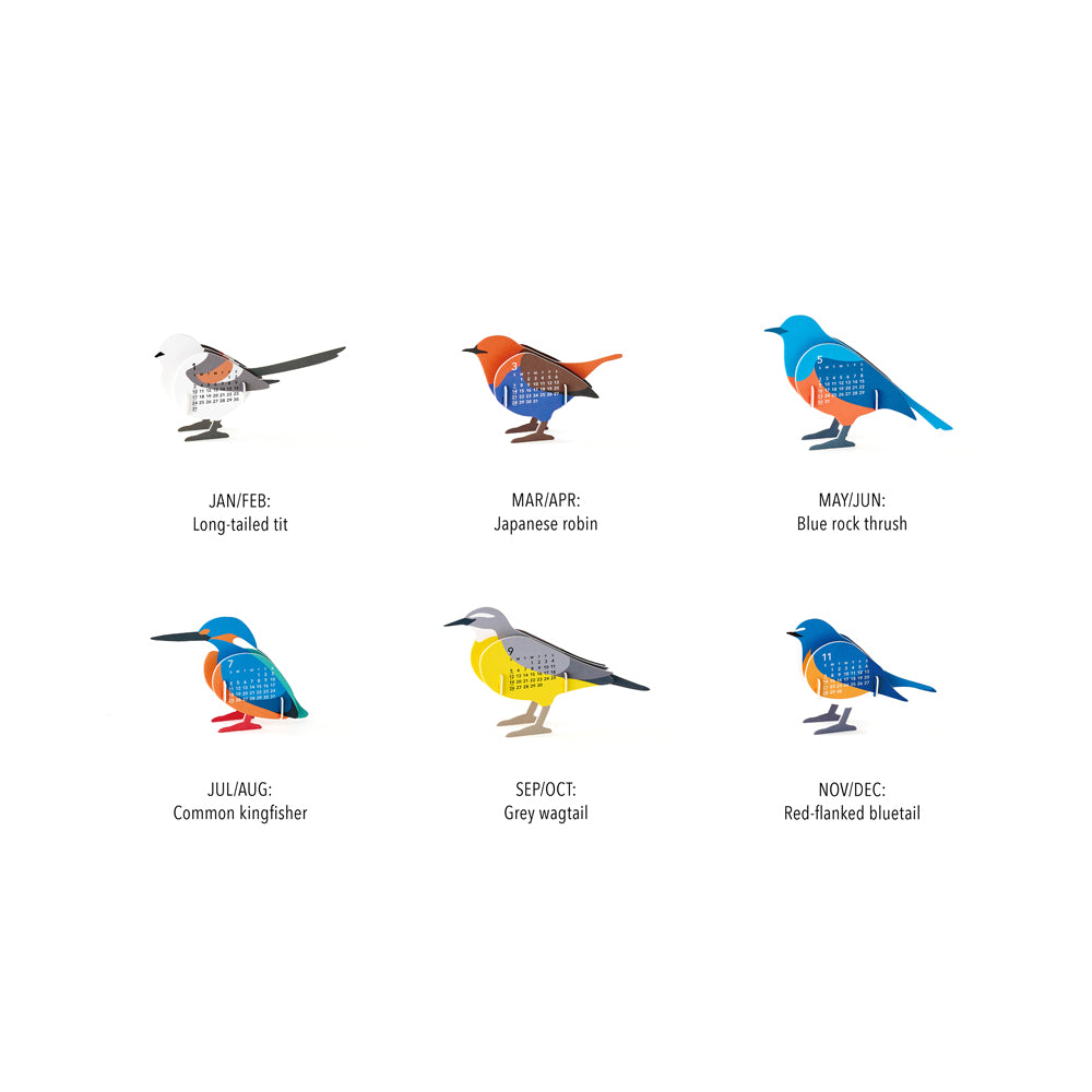 Six assembled bird calendars with their names and months.