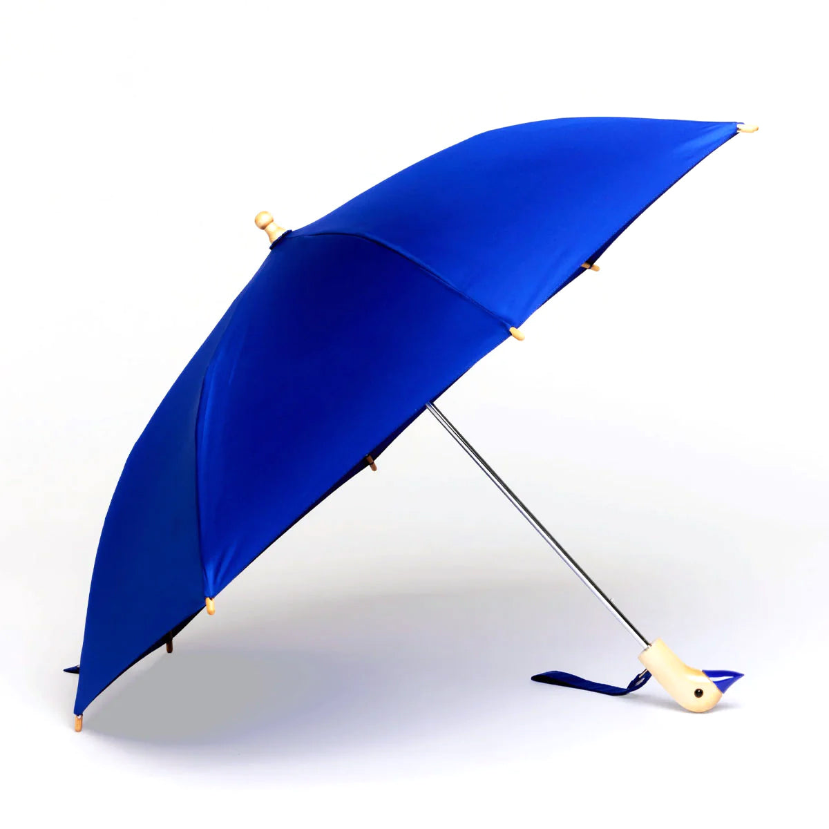 Blue umbrella with wooden handle and shaft on a white background