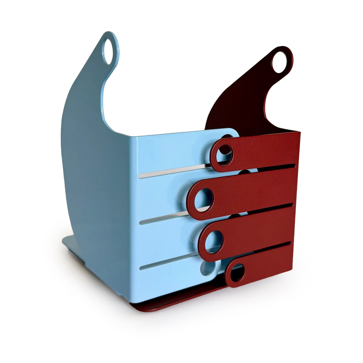 Modern metal bookends shaped like hands with a split design, featuring a light blue left side and a dark red right side, set against a plain white background.