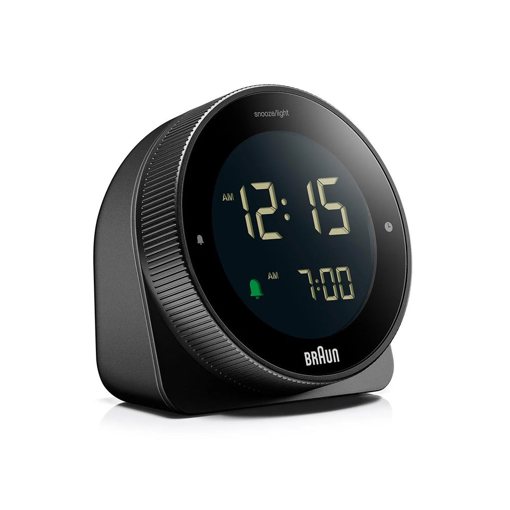 Black Braun digital clock on a white background