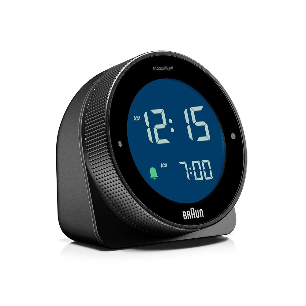 Digital clock with blue display on a white background