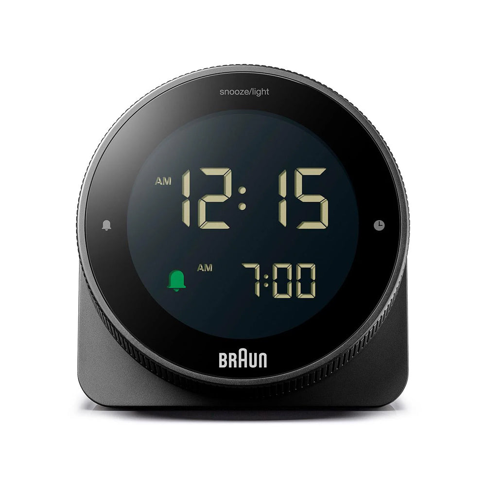 Braun digital clock with a black casing on a white background