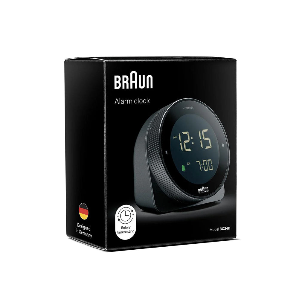 Braun alarm clock packaging on a white background