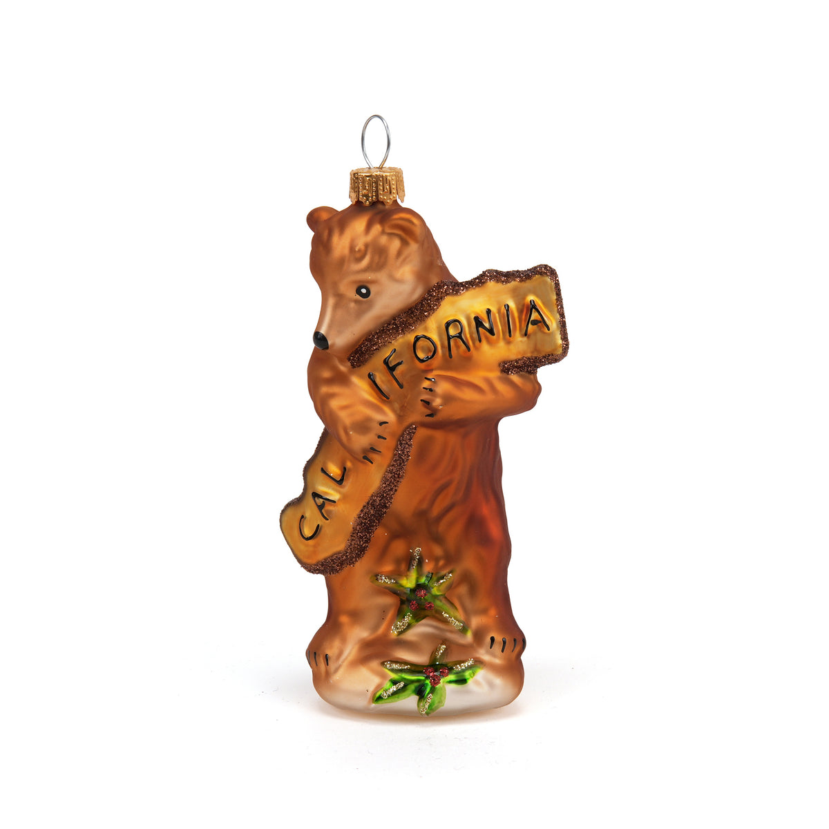 Glass ornament of a bear holding a 'California' sign on a white background