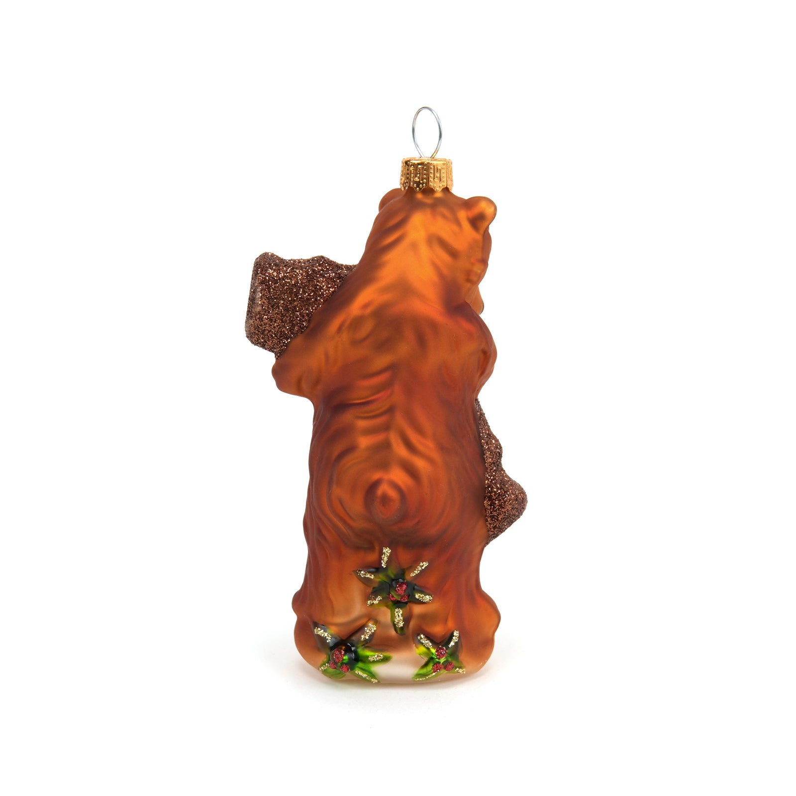 Glass ornament of a bear holding a 'California' sign on a white background