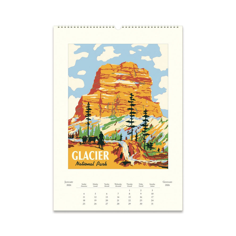 Calendar page for the month of January featuring an illustration of Glacier National Park.