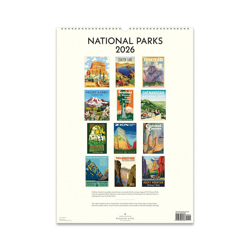 Back cover of the National Parks 2026 calendar with colorful illustrations of various national parks.