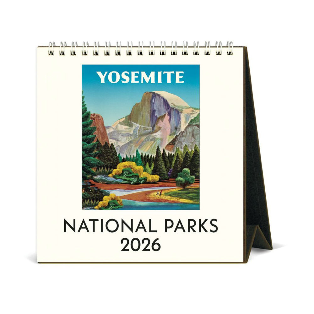 National Parks 2026 desk calendar featuring a scenic illustration of Yosemite.