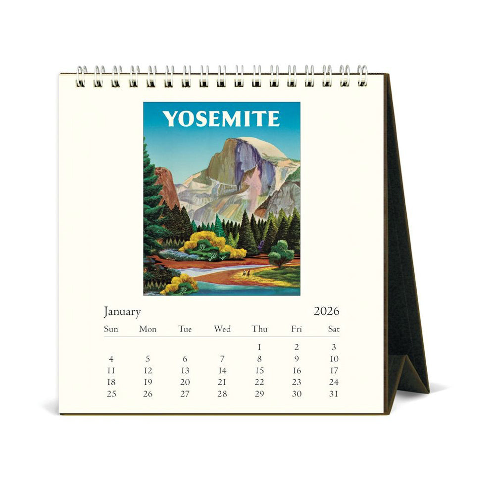 National Parks 2026 desk calendar featuring a scenic illustration of Yosemite.