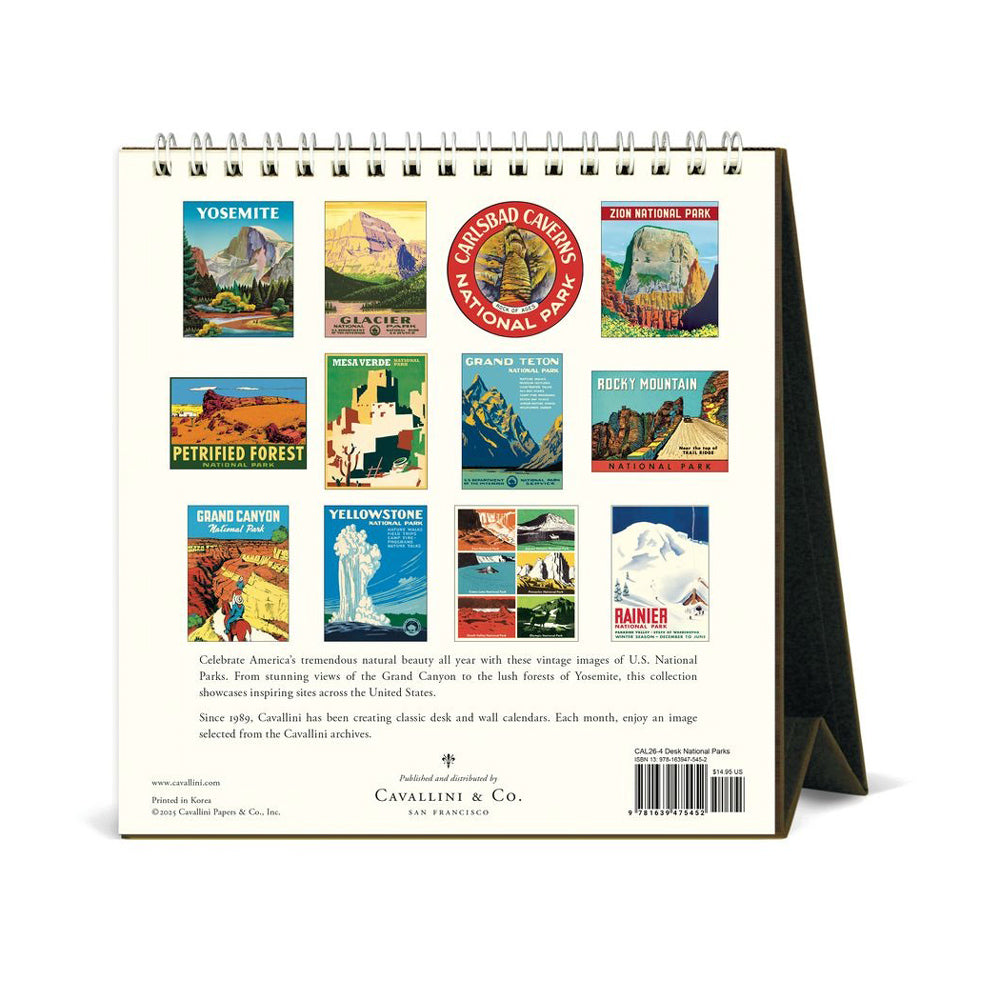 Back cover of the National Parks Desk Calendar with illustrations of national park posters.