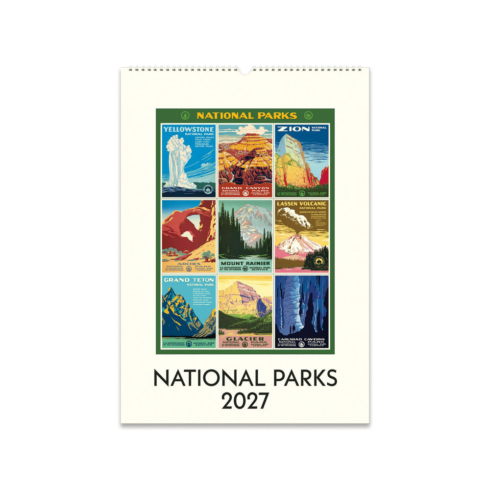 Cover image of the National Parks 2027 wall calendar with colorful illustrations of national parks. 