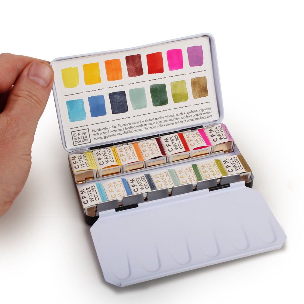 CFM 14 Paint Custom Watercolor Palette open with hand for size